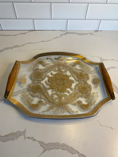 Ornate Glass and Gold Tray with Wood Handles