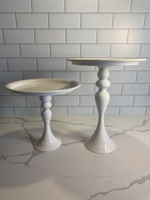 Set of 2 Tall White Metal Cake Pedestals