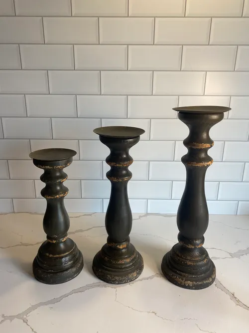 Set of 3 Dark Wood Distressed Candleholders