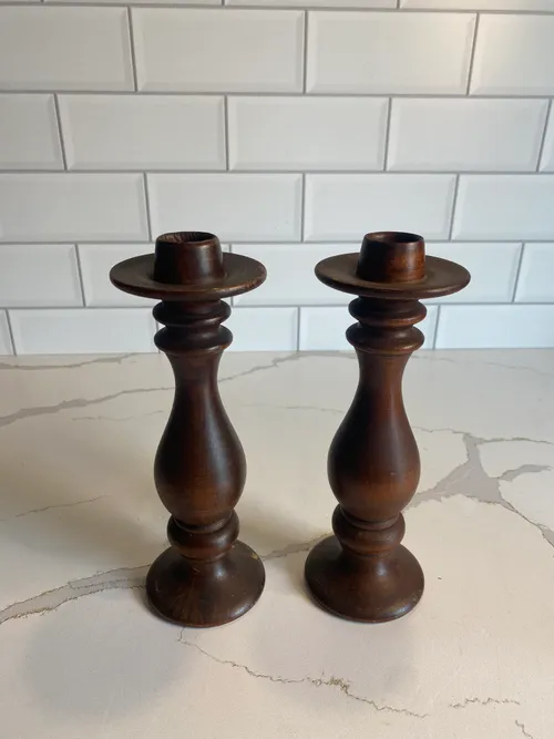 Set of 2 Dark Wood Candlesticks
