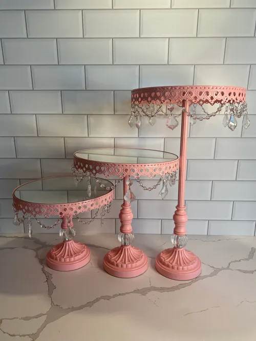 Set of 3 Metal Pink Stands with Mirrored Tops
