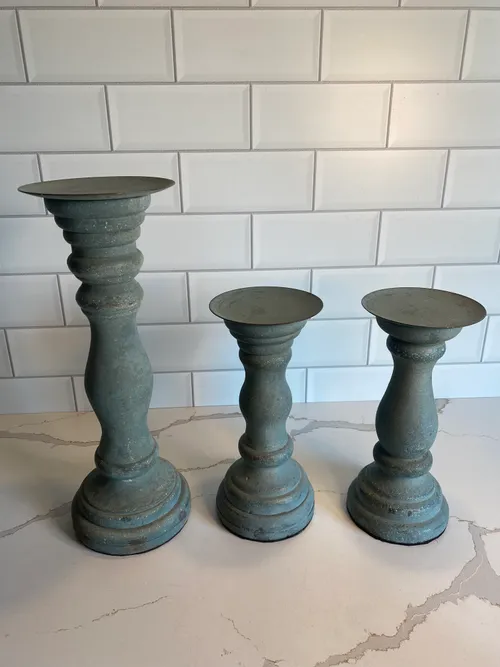 Set of 3 Teal Wood Candleholders
