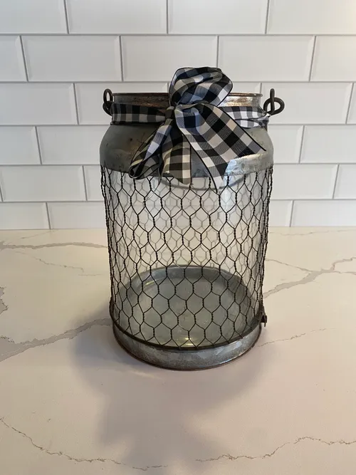 Galvanized Lantern with Black & White Checked Bow