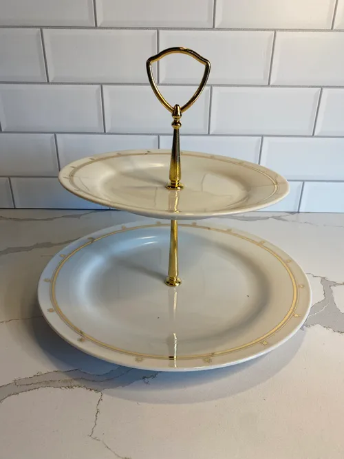 2-Tiered White Ceramic with Gold Tray