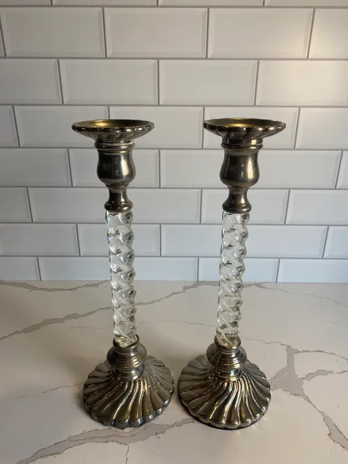 Set of 2 Silver Crystal Candleholders