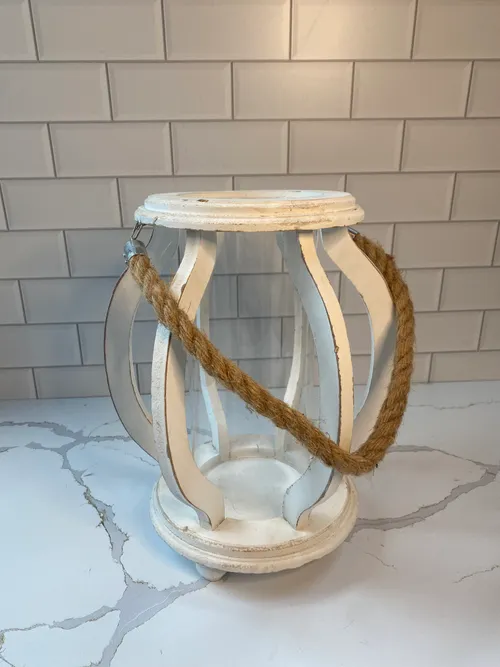 White Wood Oval Lantern with Rope Handle