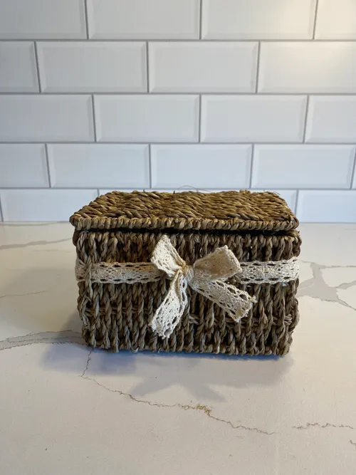 Small Wicker Box with Lid and Cream Ribbon