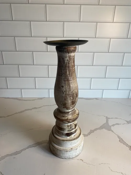 Tall White Washed Wood Candleholder
