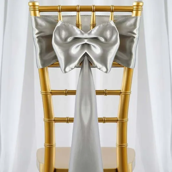  Silver Satin Chair Sash Rental for Gold Chiavari Chairs