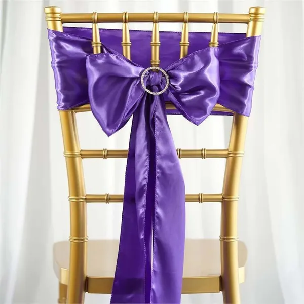 Purple Satin Chair Sash Rental for Gold Chiavari Chairs