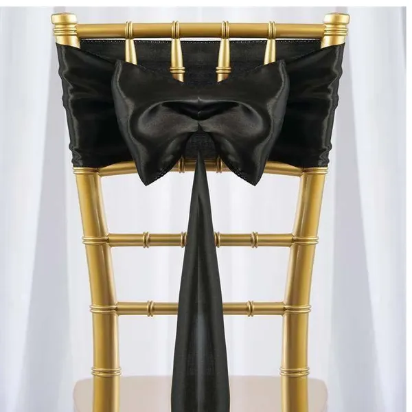 Black Satin Chair Sash Rental for Gold Chiavari Chairs