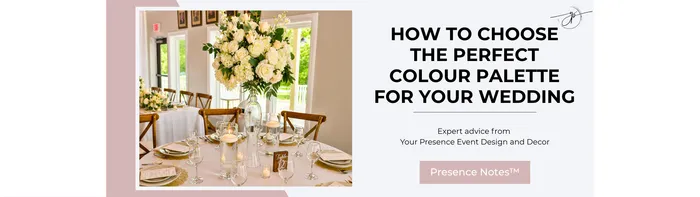 Elegant wedding tablescape featuring white and ivory florals, greenery, warm wood chairs, gold accents, white linens and candlelight.