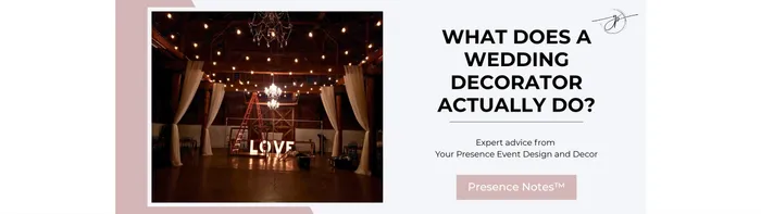 Your Presence Event Design & Decor setting up draping, lighting and décor inside a wedding reception venue.