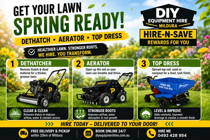 “Dethatcher, aerator and topsoil spreader hire Mildura”