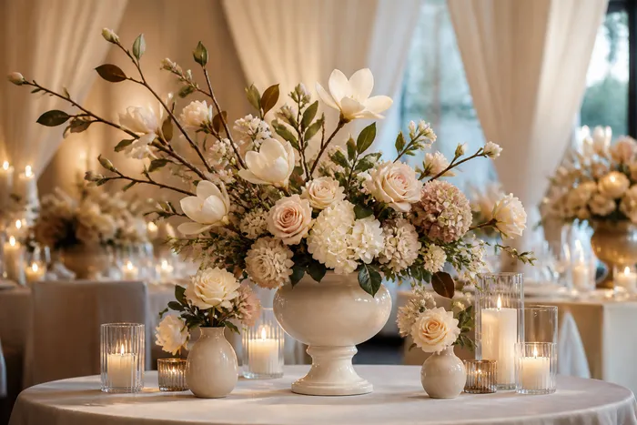 Neutral floral arrangements displayed for a Brown Butter Moments Bloom Bar experience
