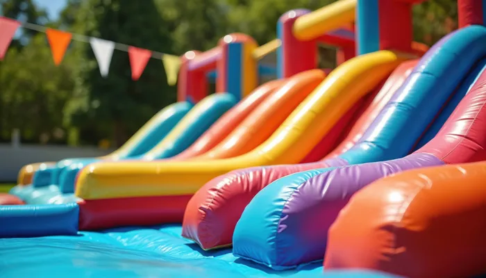 Colorful bounce house and inflatable water slide setup for backyard party