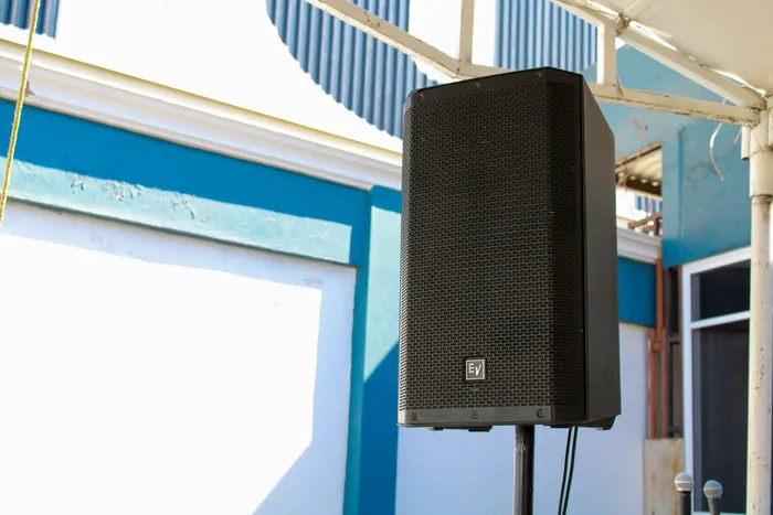 EV ZLX12p speaker on speaker stand Audio Hire Adelaide 