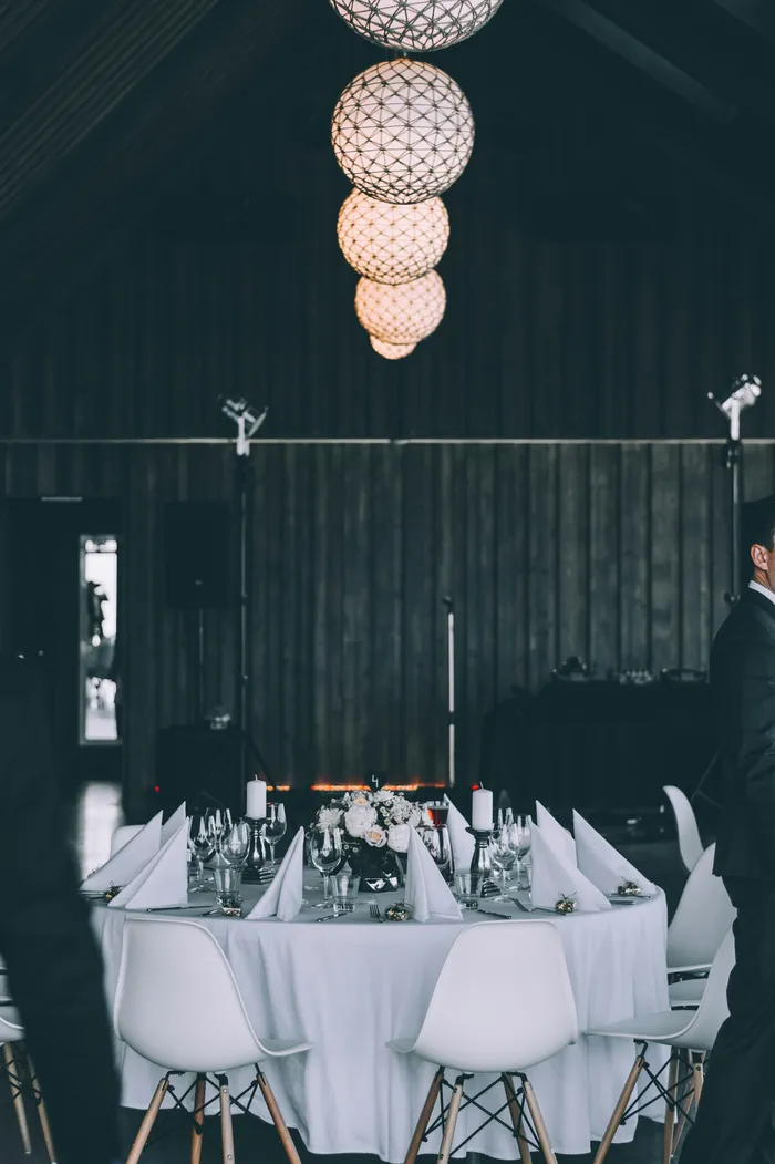 Function room with speakers and table