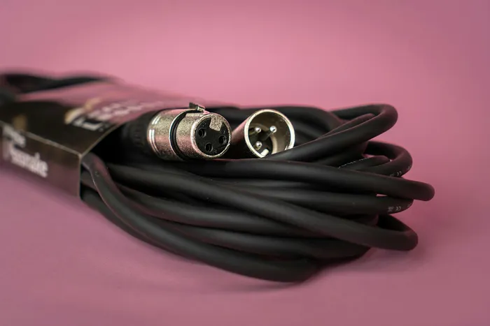 XLR audio cable used to connect a microphone to a mixer and loudspeaker