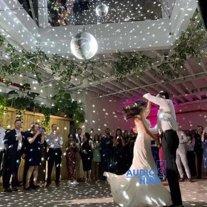 People dancing under a disco ball and at a wedding reception.