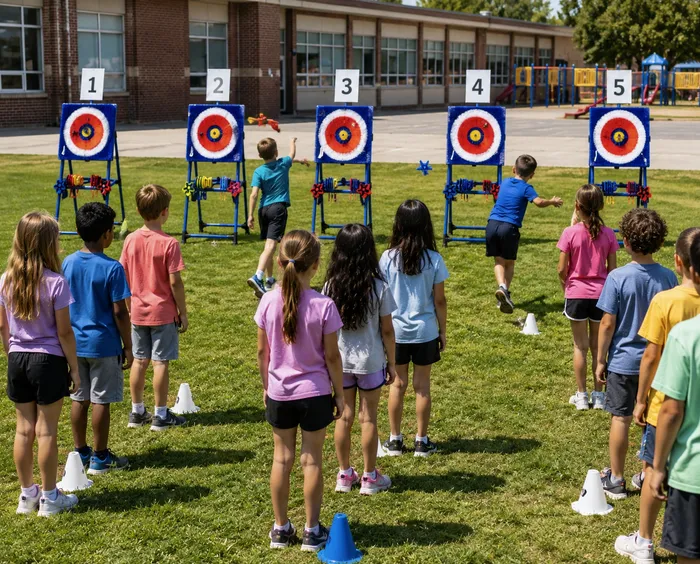 Kids playing an axe throwing game at a school field day competition.