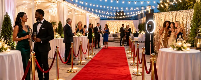Bright VIP event with a red carpet, gold stanchions, cocktail tables, string lights, well-dressed guests, and a selfie station.