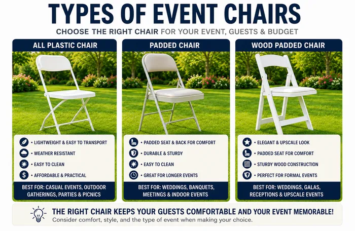 Comparison of all-plastic, padded, and wood padded event chairs displayed outdoors on a grassy lawn.