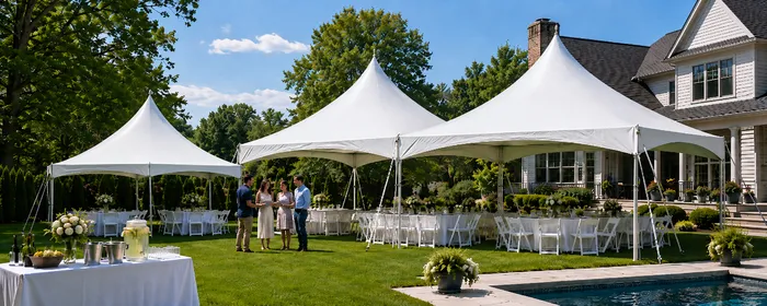 20x20 and 20x40 high-peak party tents set up for an outdoor backyard event with tables and chairs.