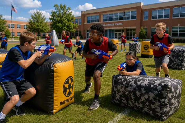 Kids wearing team pinnies and safety glasses preparing for an outdoor Nerf Battle with inflatable bunkers, obstacles, and foam dart blasters.