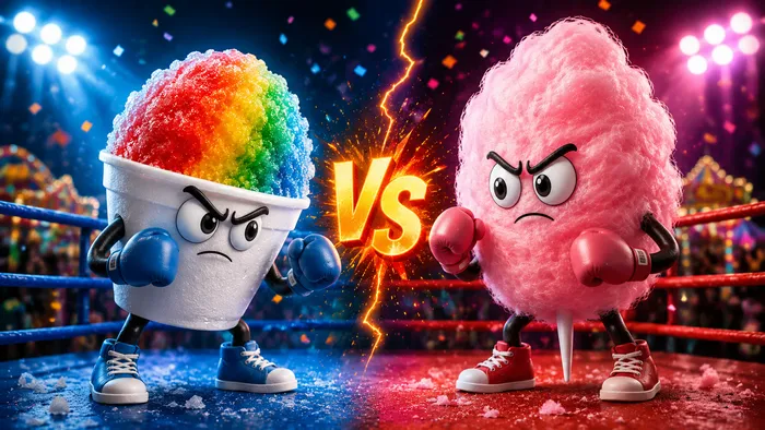 Snow cone and cotton candy facing off in a playful boxing match, representing the ultimate party treat showdown for birthdays, festivals, and special events.