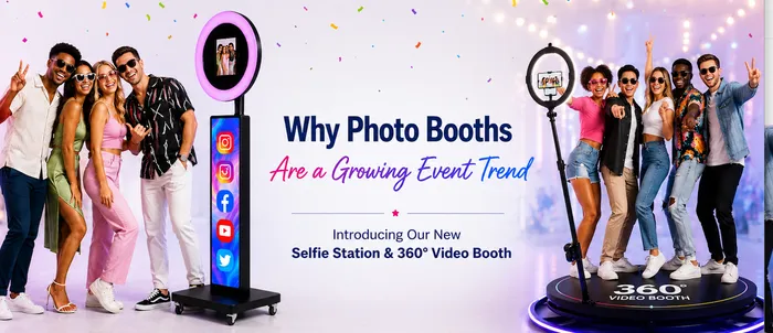 Fun Stuff Rental Company Selfie Station and 360° Video Booth rentals with guests posing at a party, promoting the growing photo booth trend for events.