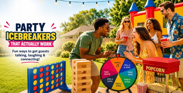 Friends laughing and playing giant yard games at a bright outdoor party with a prize wheel, popcorn machine, and colorful decorations, illustrating fun party icebreakers that help guests connect.
