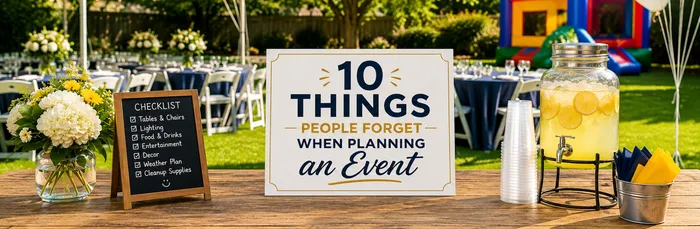 Event planning checklist with tables, chairs, string lights, and party setup illustrating the 10 most commonly forgotten details when planning a wedding, graduation party, corporate event, or backyard celebration.
