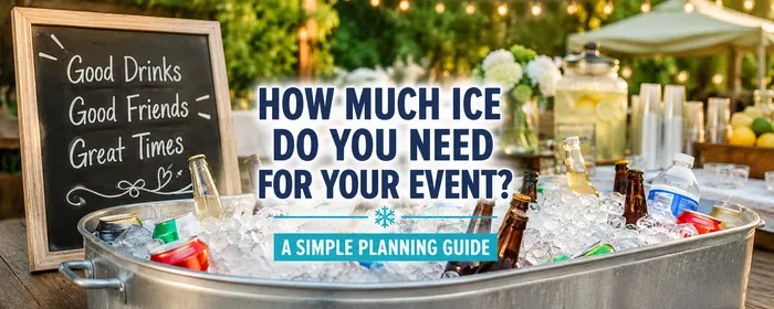 Large galvanized beverage tub filled with ice, bottled drinks, canned beverages, and water at a bright outdoor party, illustrating how much ice is needed to keep drinks cold during an event.