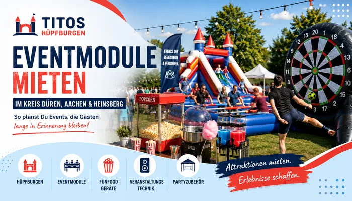 Eventmodule wie Fußballdart, Rodeo Bullriging, Popcornmaschinen und Hindernisparcours