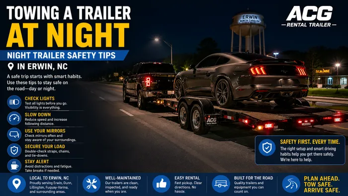 Night trailer towing safety tips in Erwin, NC featuring pickup truck and car hauler trailer
