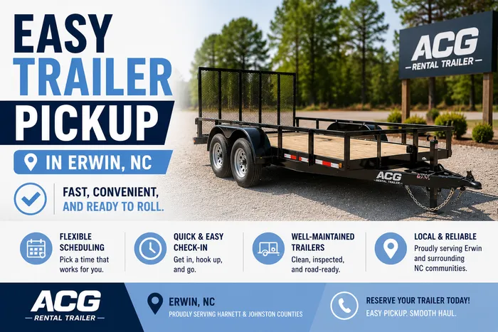 Easy trailer pickup in Erwin, NC featuring a utility trailer ready for fast rental and pickup