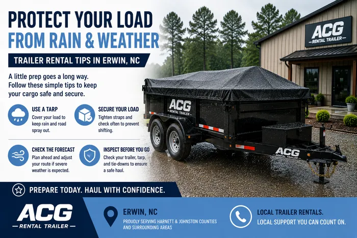 Trailer rental weather protection tips in Erwin, NC featuring enclosed cargo trailer for rain protection