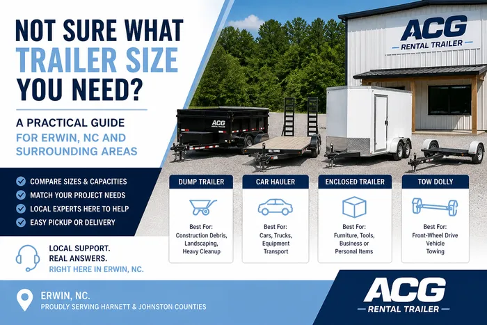 Guide to choosing the right trailer size in Erwin, NC showing dump trailer, car hauler, enclosed trailer, and tow dolly