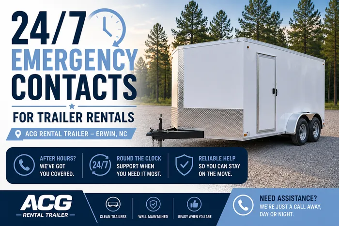 24/7 emergency contacts for trailer rental in Erwin, NC shown with enclosed trailer ready on a pine-lined lot