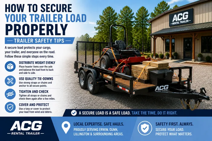 Trailer load securement and safety tips showing properly strapped cargo on utility trailer in North Carolina