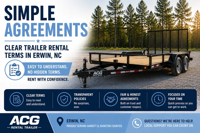Clear trailer rental terms in Erwin, NC shown with utility trailer and transparent rental agreement messaging