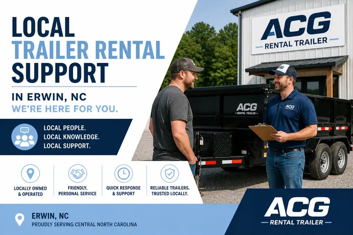 Local trailer rental support in Erwin, NC with ACG staff helping customer next to dump trailer.