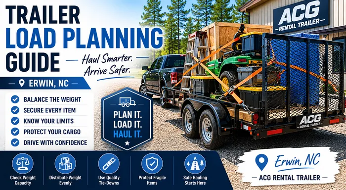 Trailer load planning guide in Erwin, NC featuring properly secured utility trailer cargo and towing safety