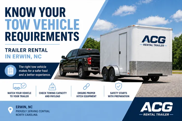 Pickup truck towing an enclosed trailer in Erwin, NC highlighting the importance of knowing tow vehicle requirements for safe hauling
