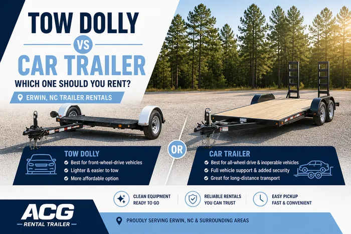 Tow dolly and car trailer side by side in Erwin, NC comparing options for vehicle transport
