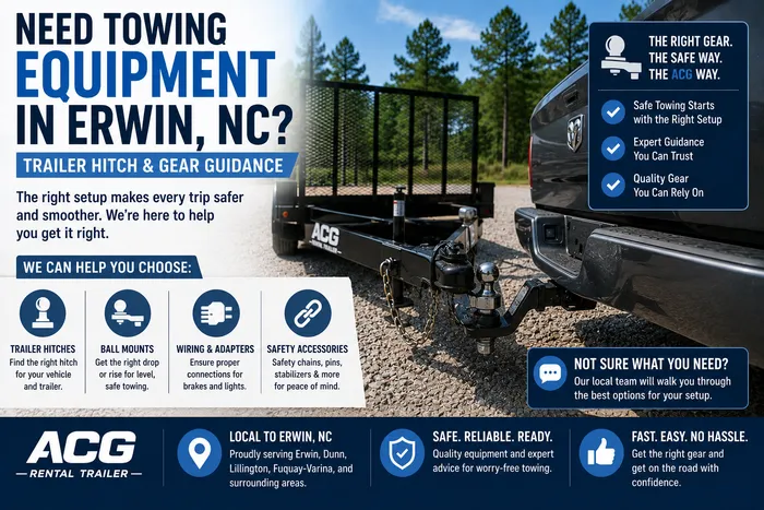 Trailer hitch and towing equipment guidance in Erwin, NC with pickup truck and utility trailer connection