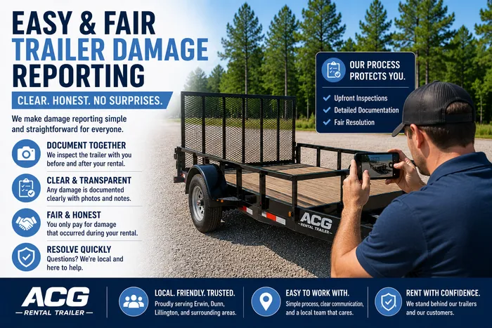 Easy and fair trailer damage reporting process in Erwin, NC with customer photographing rental trailer