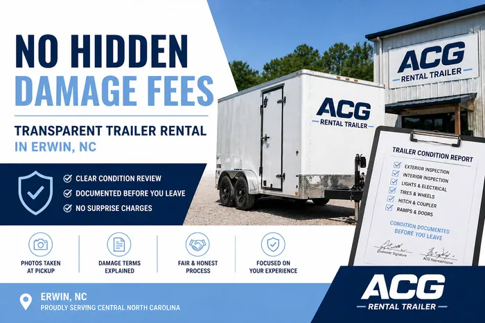 Enclosed rental trailer at ACG Rental Trailer in Erwin, NC with documented condition checklist highlighting no hidden damage fees