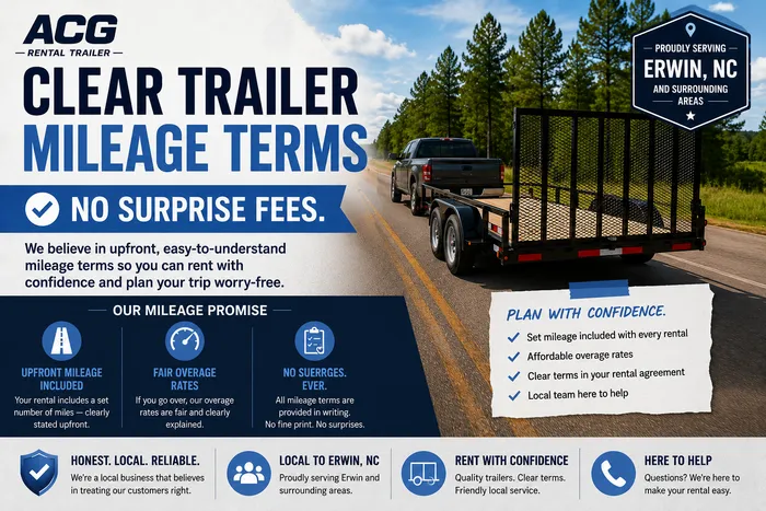 Clear trailer mileage terms in Erwin, NC with utility trailer towing and transparent rental policies